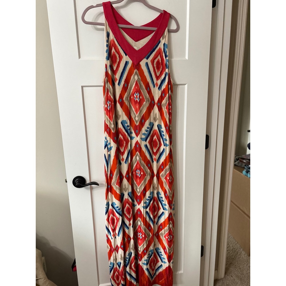Chico's Red Ikat Diamond Geometric‎ V-Neck Sleeveless Maxi Dress Size 3 XL